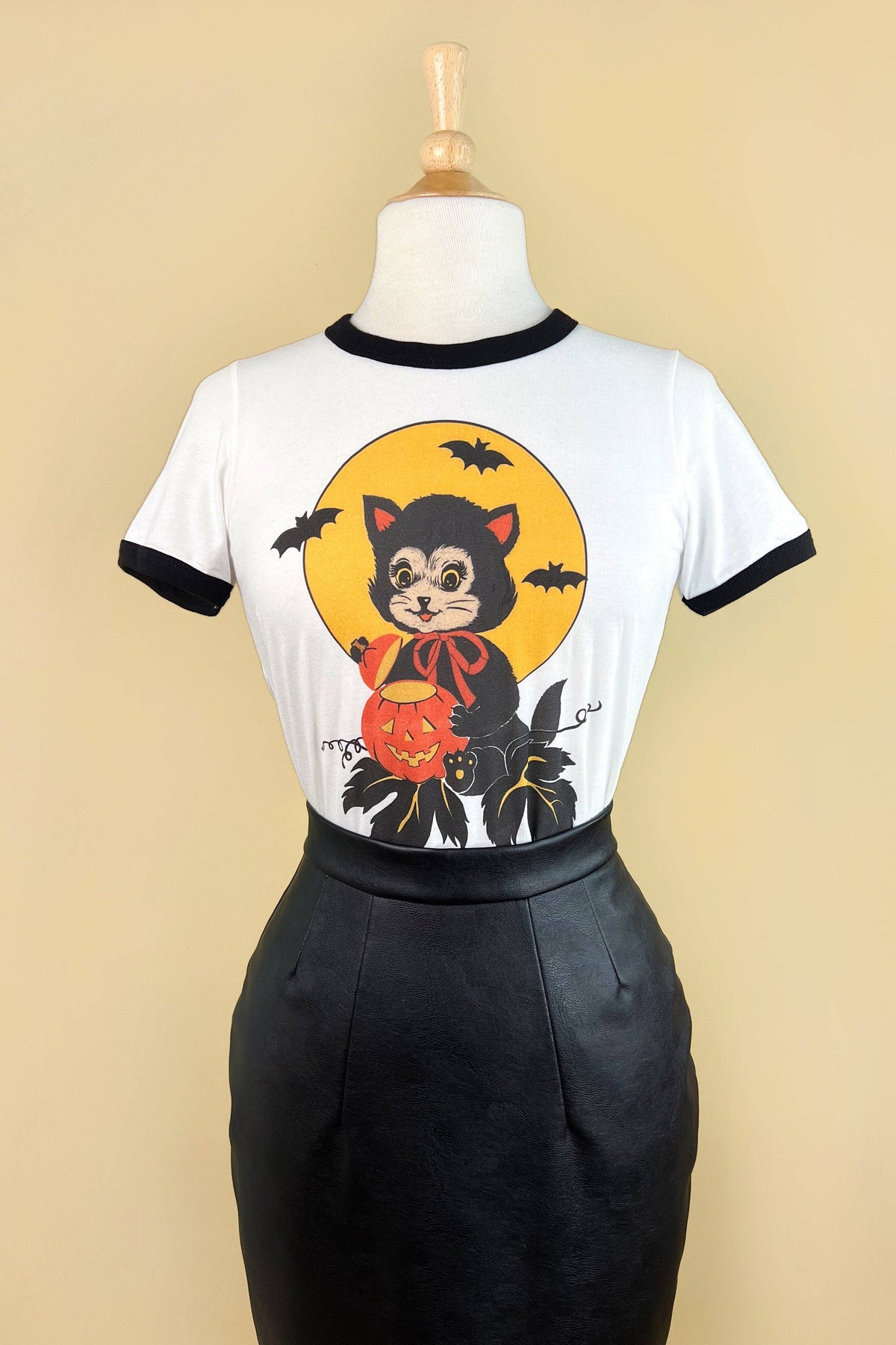 Black Cat Night Ringer Tee in White/Black