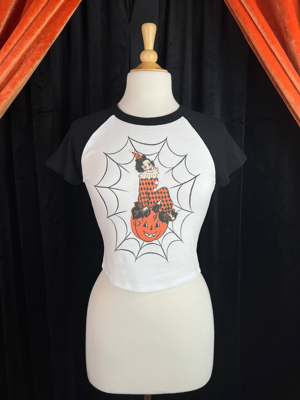 Clowning on Cobweb Short Raglan Cropped tee in White/Black
