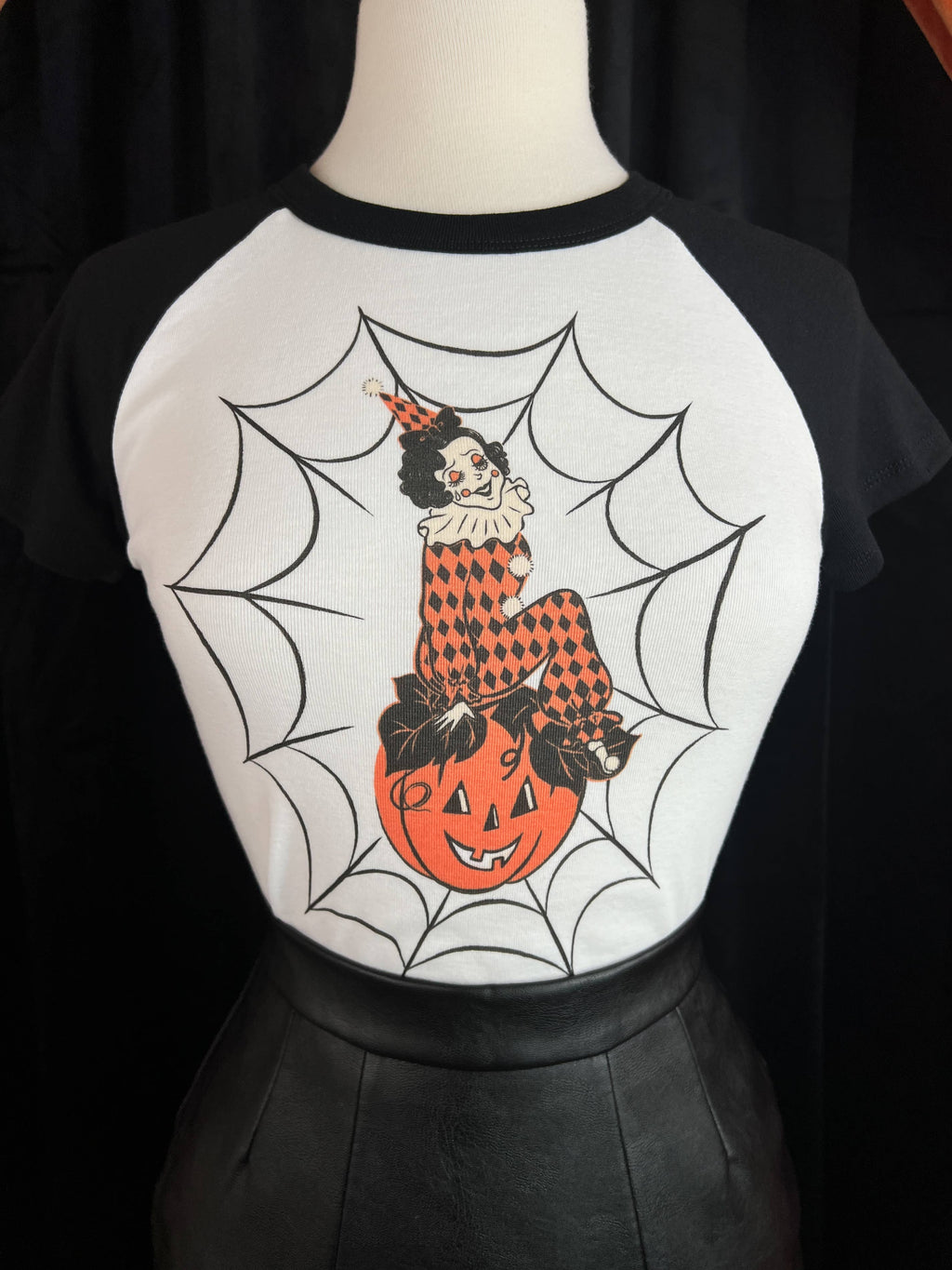 Clowning on Cobweb Short Raglan Cropped tee in White/Black