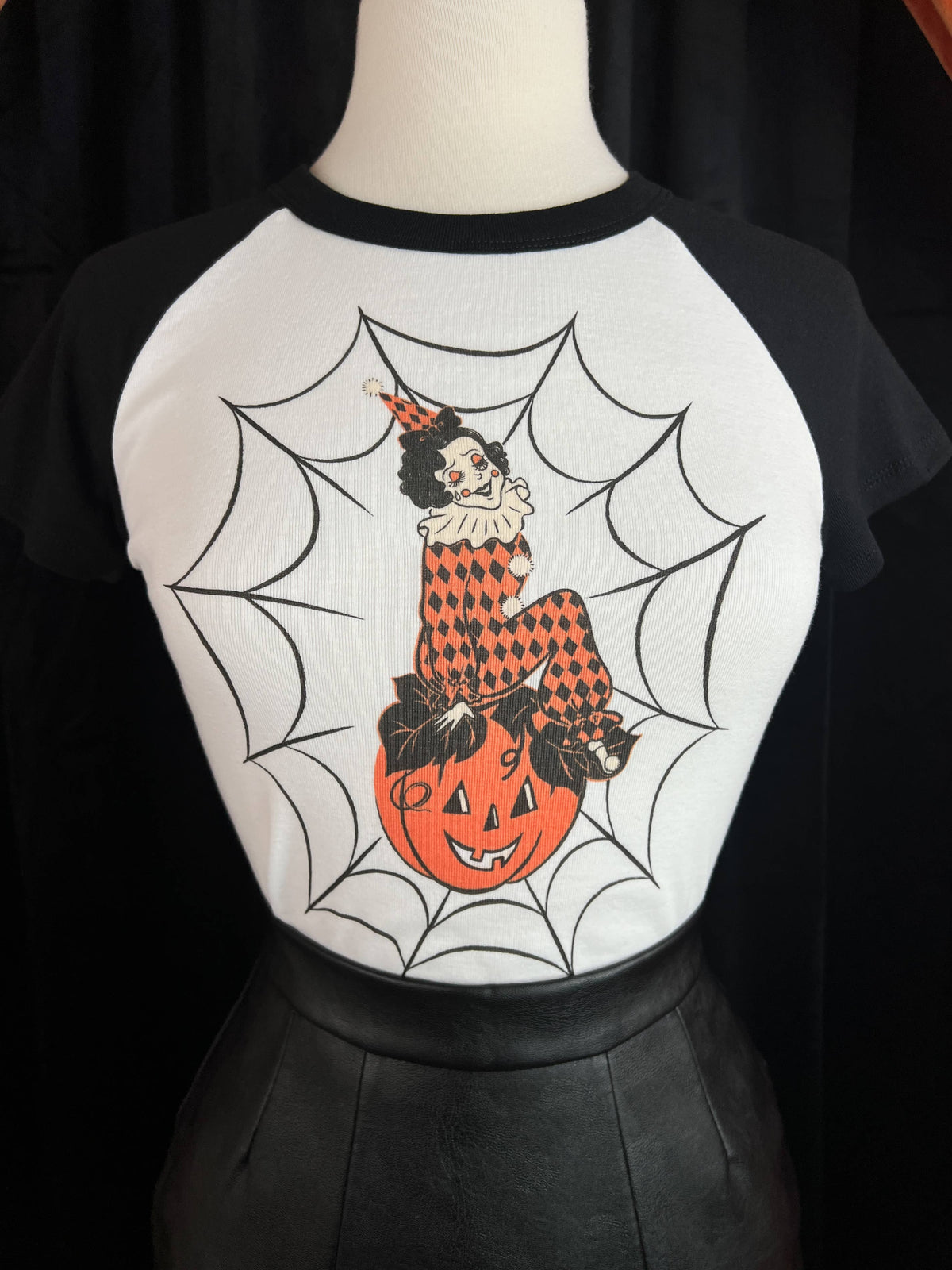 Clowning on Cobweb Short Raglan Cropped tee in White/Black