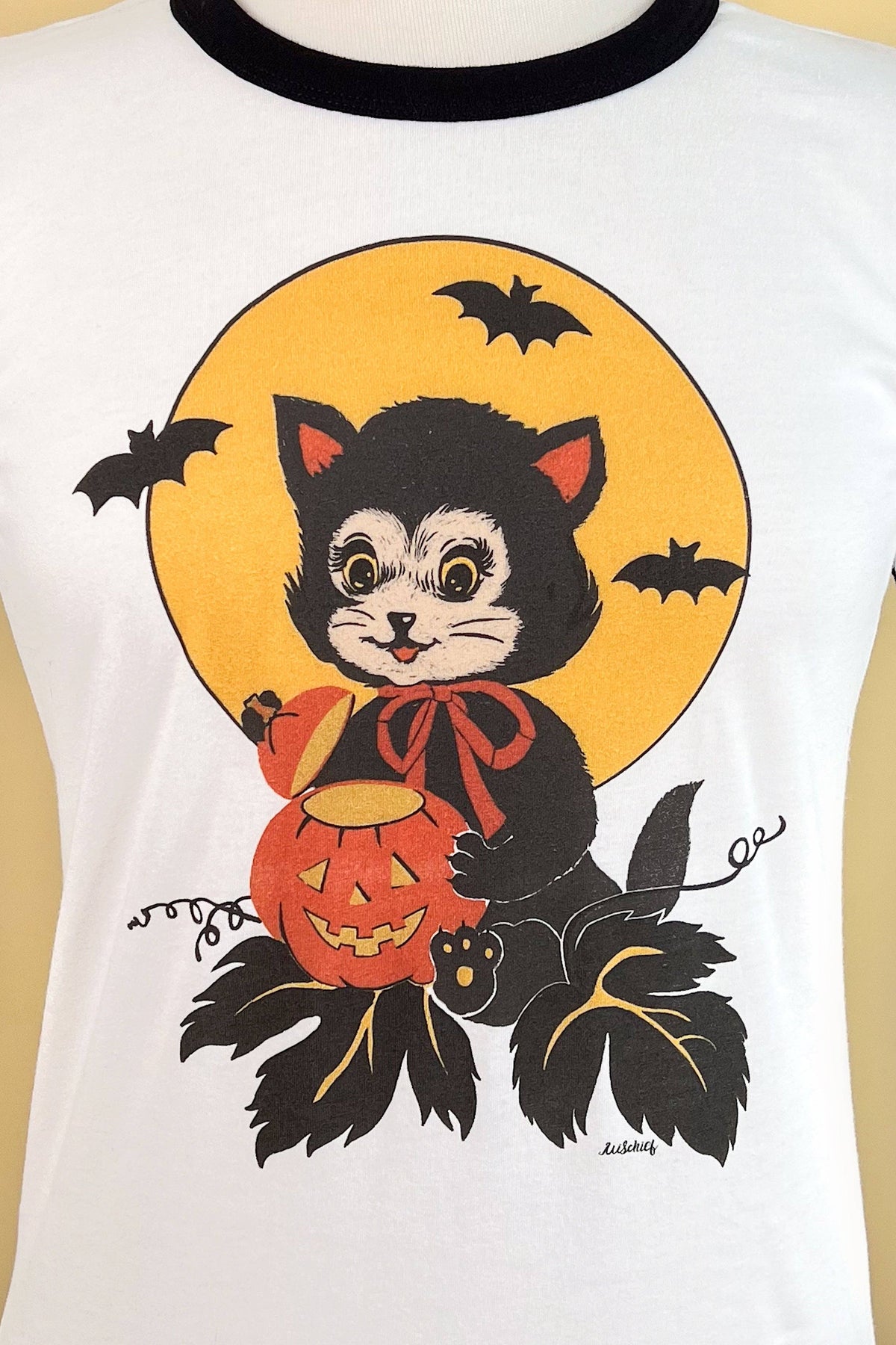 Black Cat Night Ringer Tee in White/Black