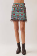 Floral Print Feather Trim Mini Skirt