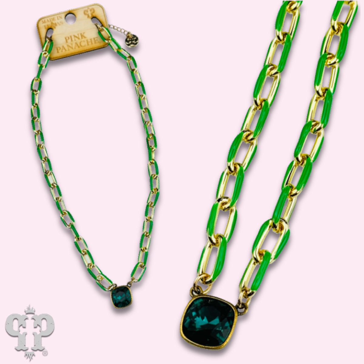 Enamel chain link pendant necklace, Austrian crystal - LC
