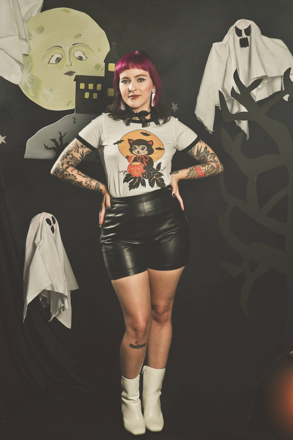 Black Cat Night Ringer Tee in White/Black
