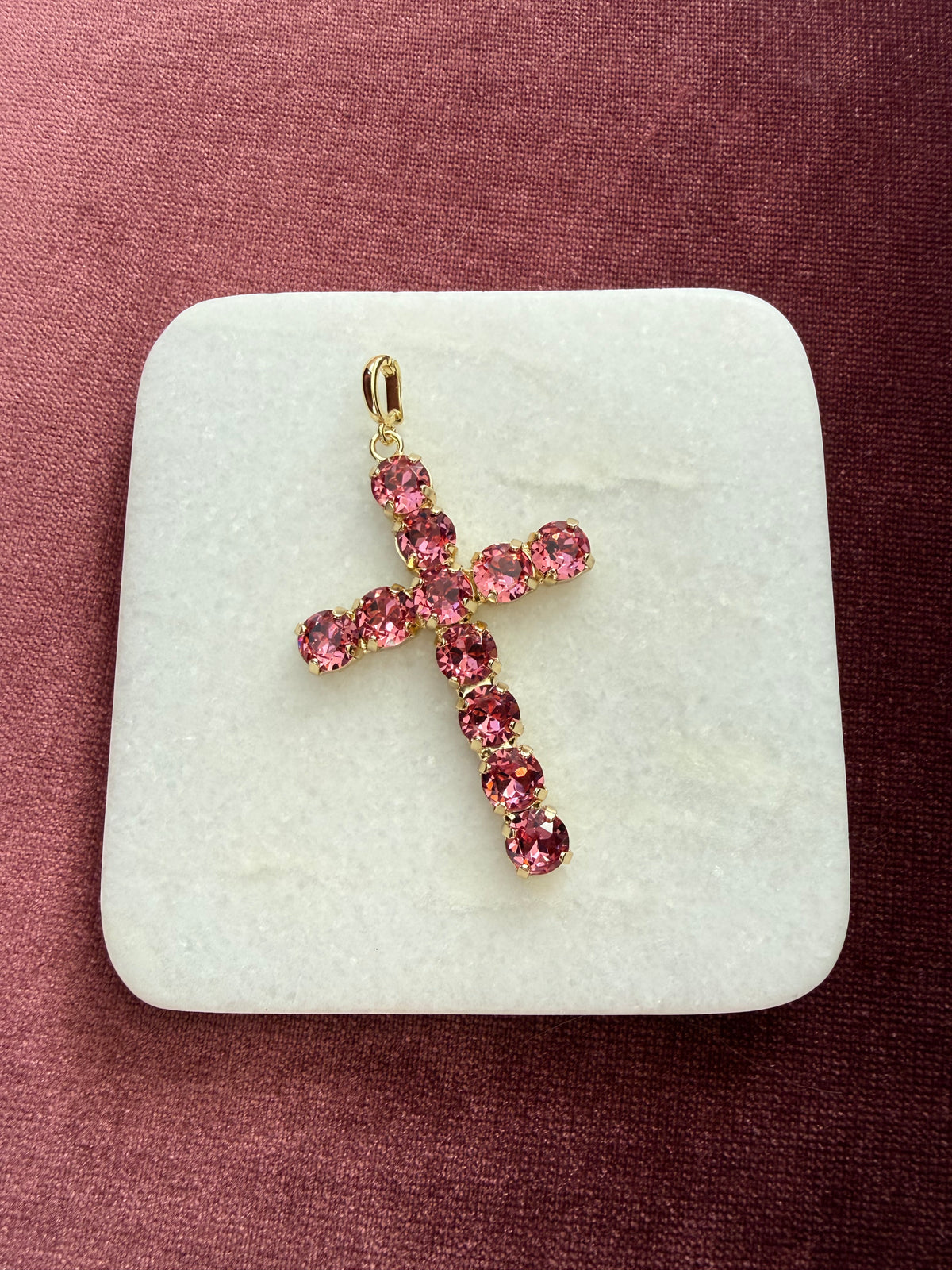 Pink Cross Crystal Charm - Pink Austrian crystal charm pendant