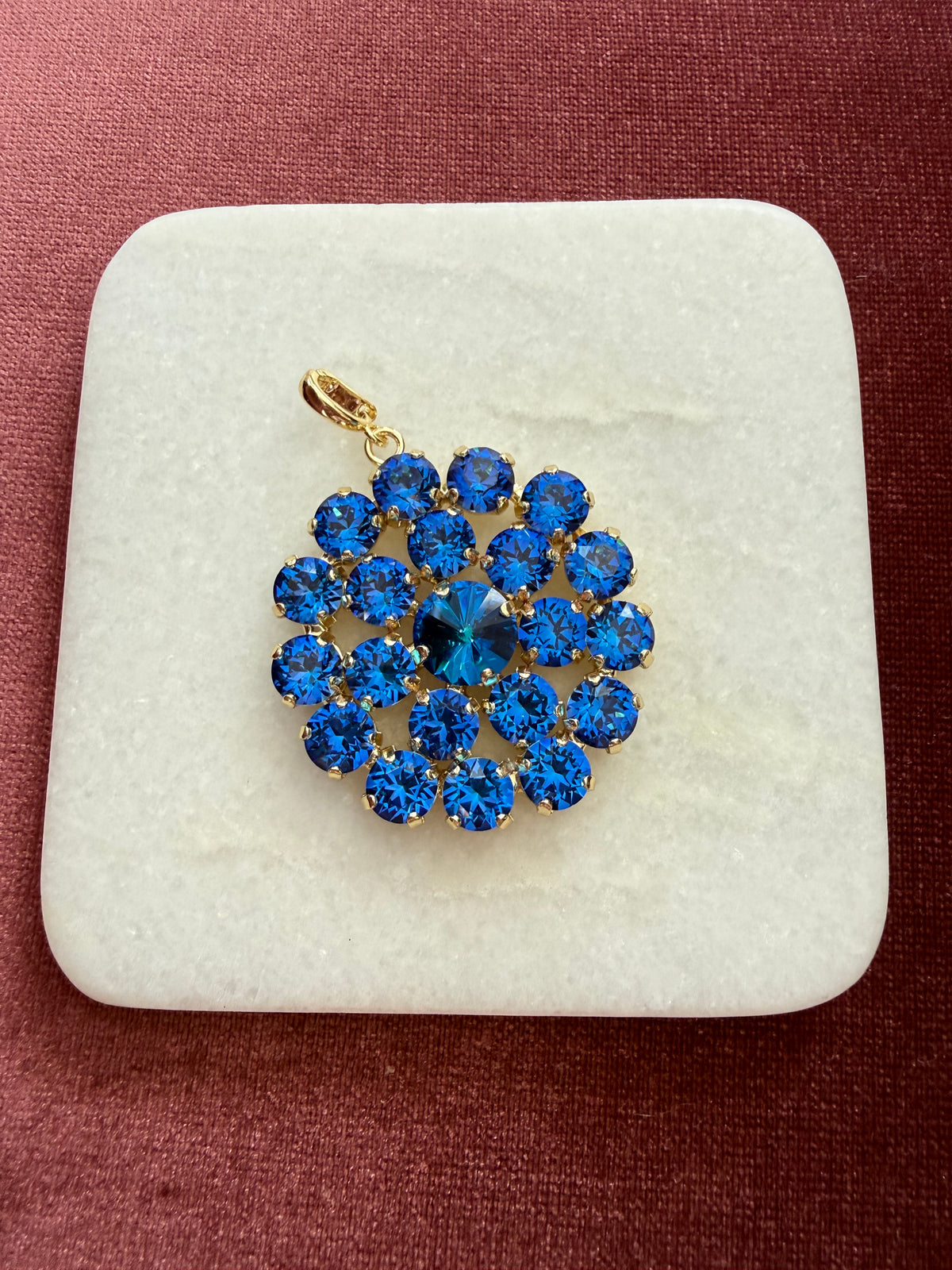 Sapphire Burst Medallion Charm - Sapphire Blue Austrian crystal charm pendant