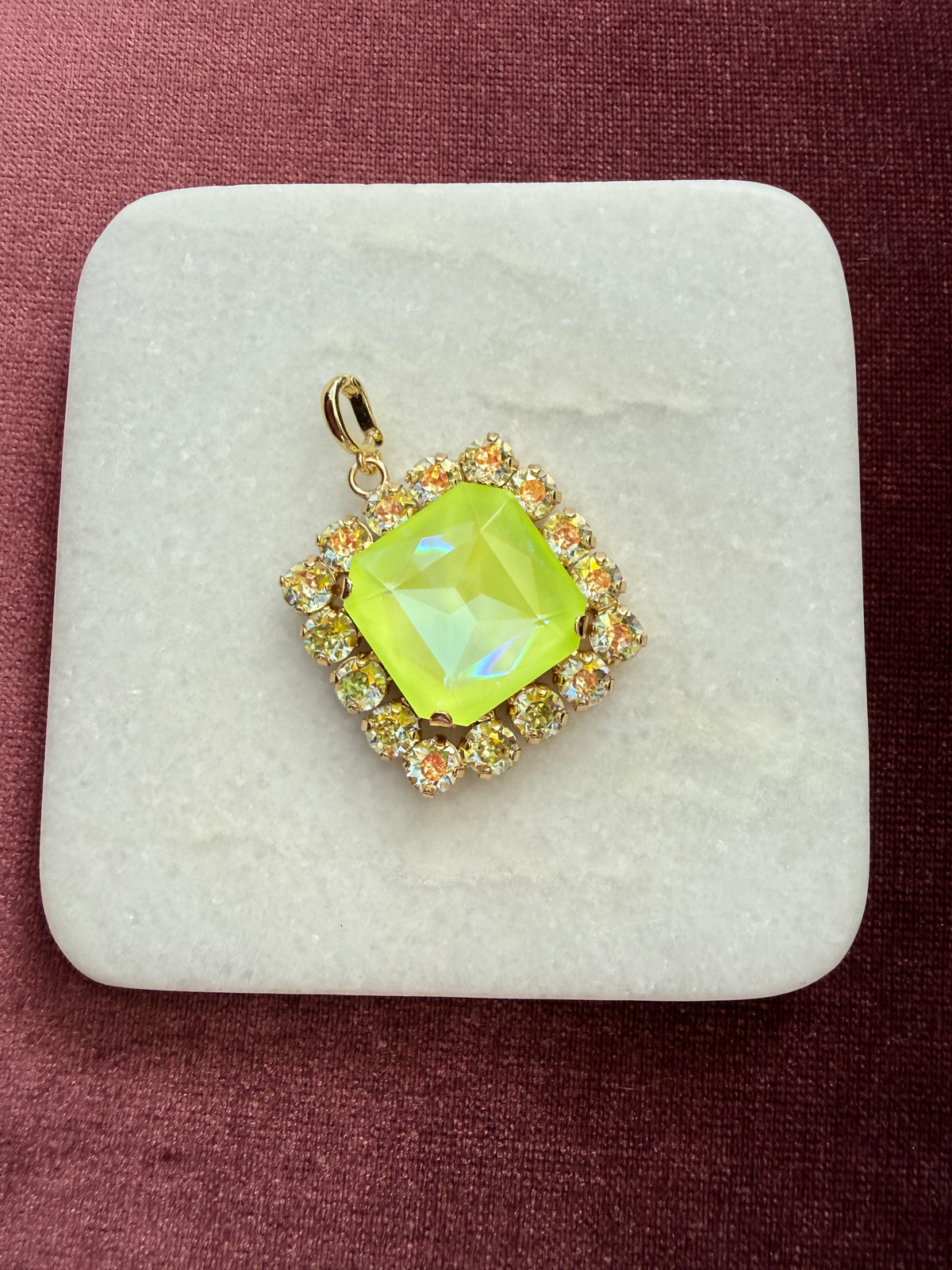 Electric Lime Square Halo Crystal Charm - Neon Lime Austrian crystal charm pendant