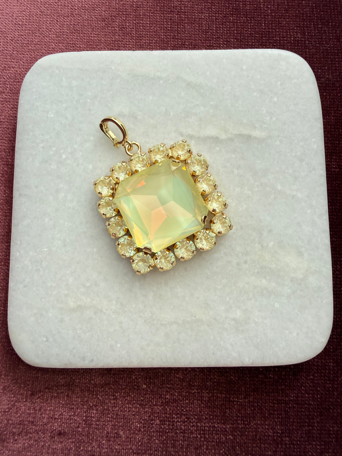 Opal Lemon Square Halo Crystal Charm - Opal Yellow Austrian crystal charm pendant