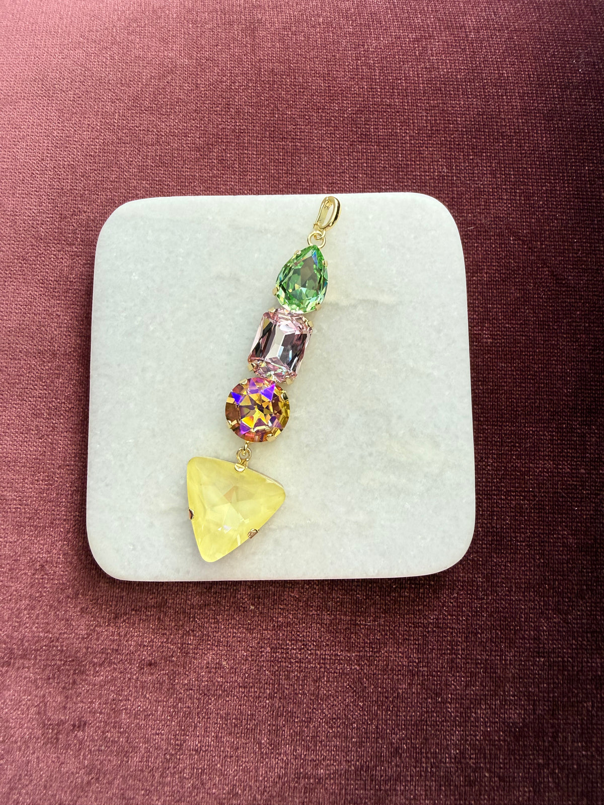 Spring Sorbet Drop Statement Charm - Peridot green, blush pink, iridescent gold, pale yellow Austrian crystal charm pendant