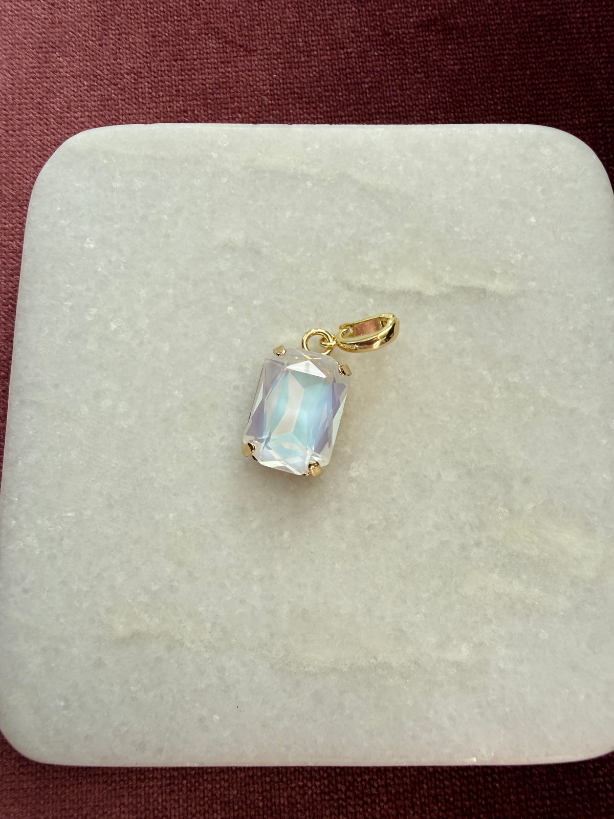 Opal Ice Emerald-Cut Charm - Opalescent white / ice blue Austrian crystal charm pendant