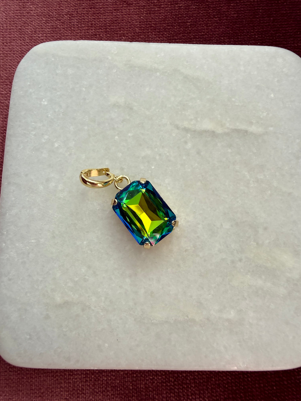 Peacock Prism Emerald-Cut Charm - Blue, green, chartreuse, iridescent Austrian crystal charm pendant