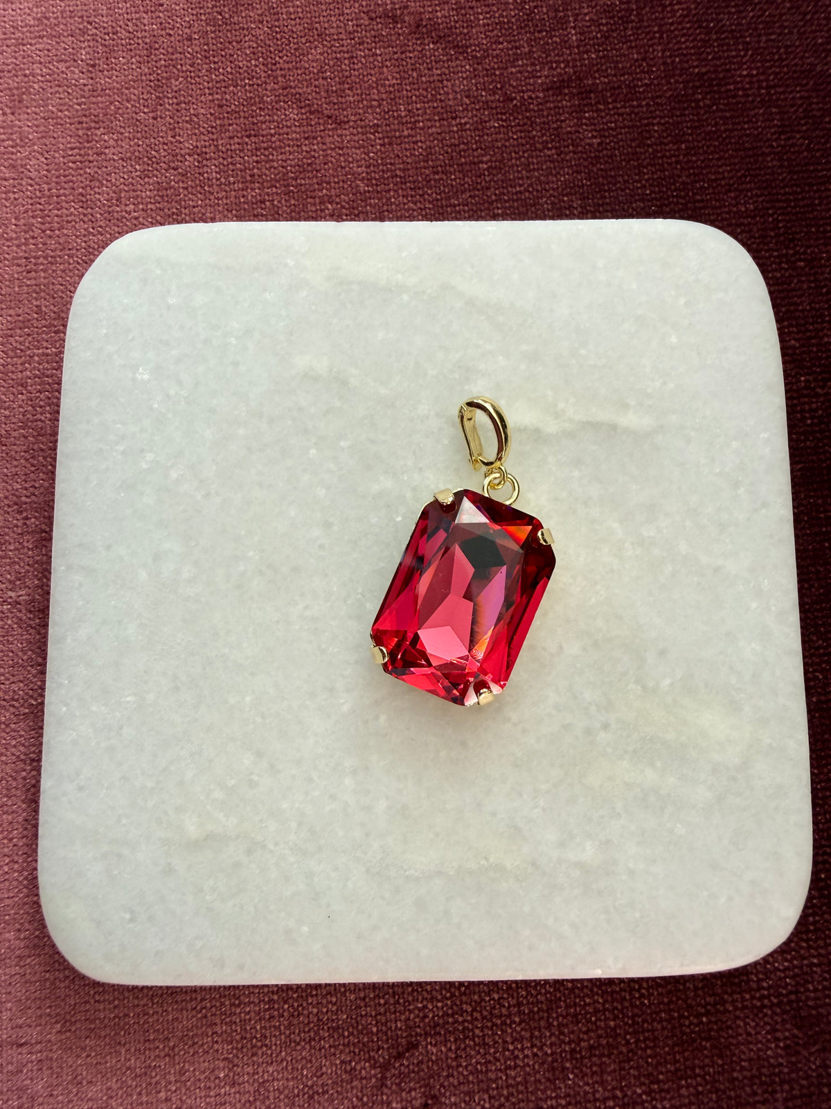 Ruby Glow Large Emerald-Cut Charm - Ruby red / transparent Austrian crystal charm pendant