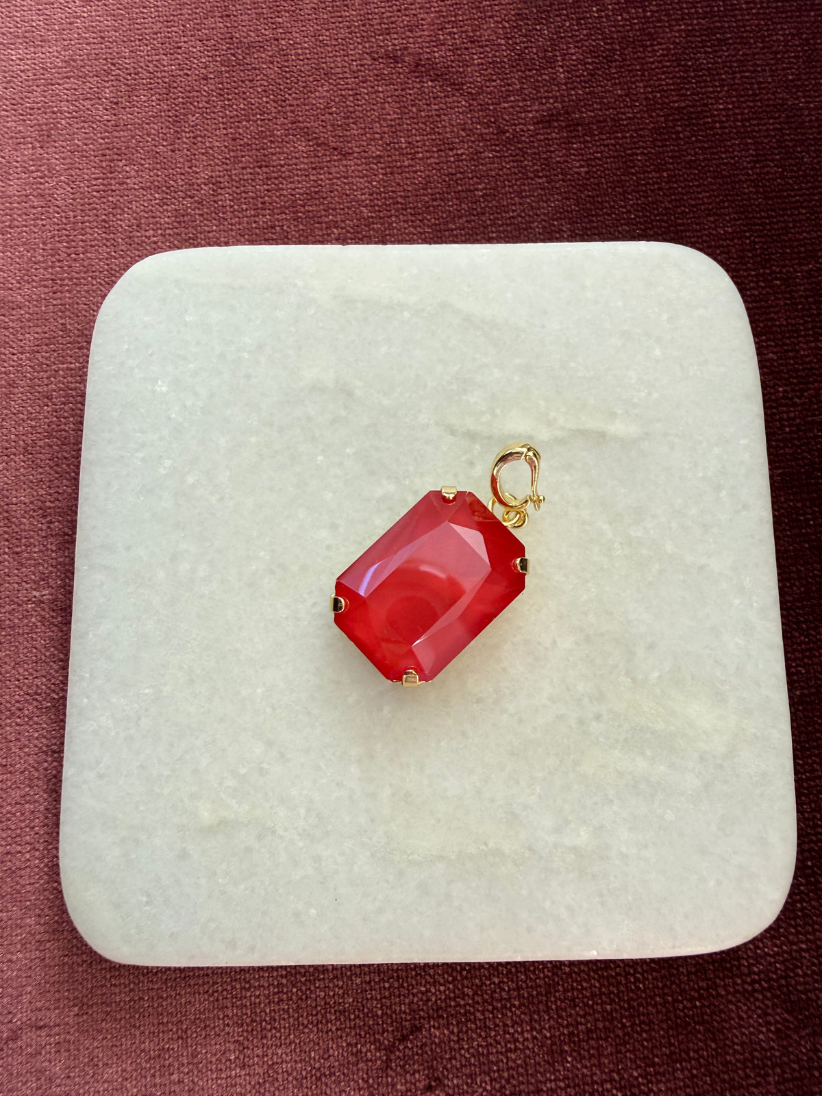 Coral Opal Large Emerald-Cut Charm - Coral red / opalescent Austrian crystal charm pendant