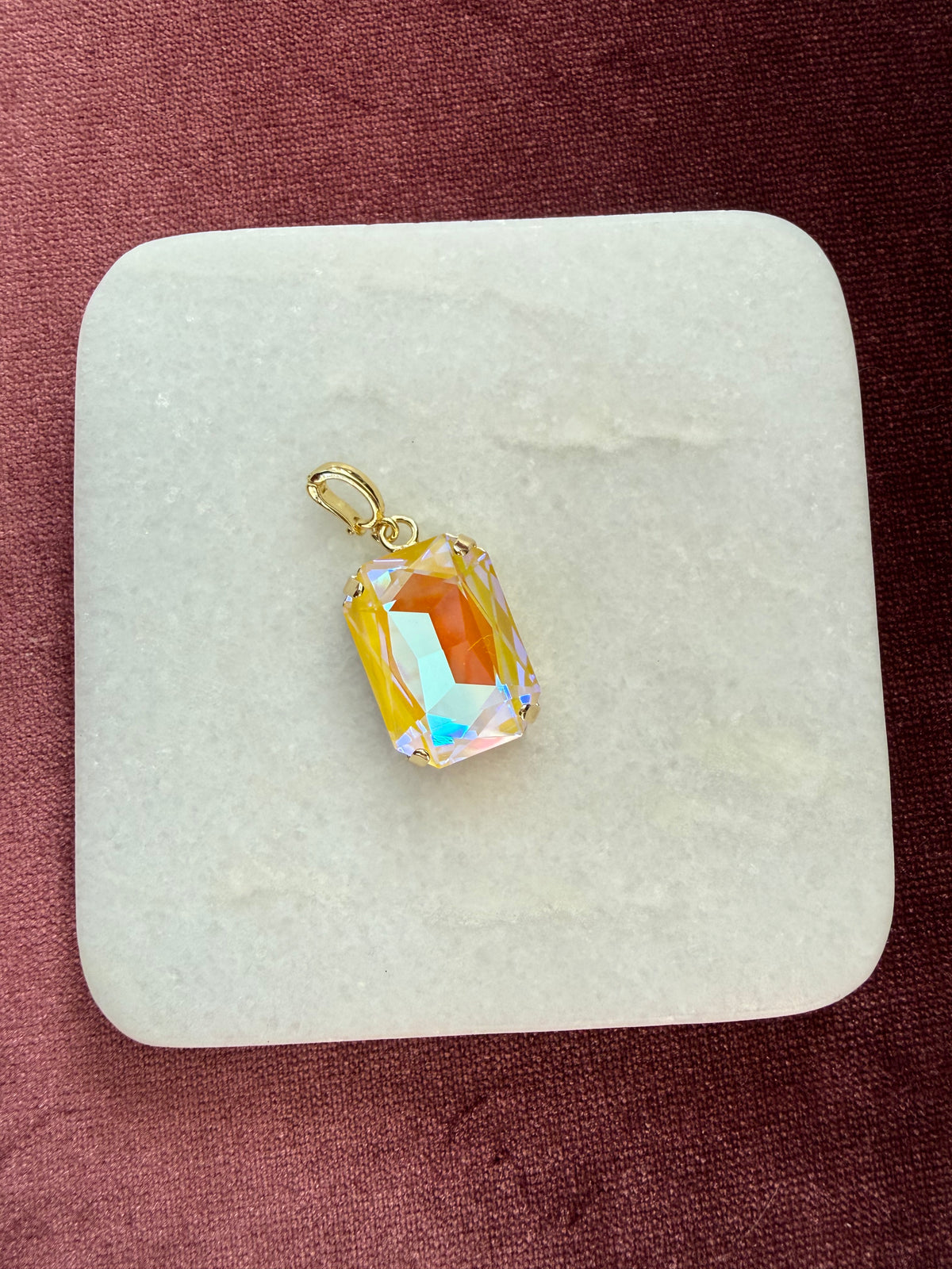 Sunset Prism Large Emerald-Cut Charm - Golden yellow / orange / iridescent Austrian crystal charm pendant