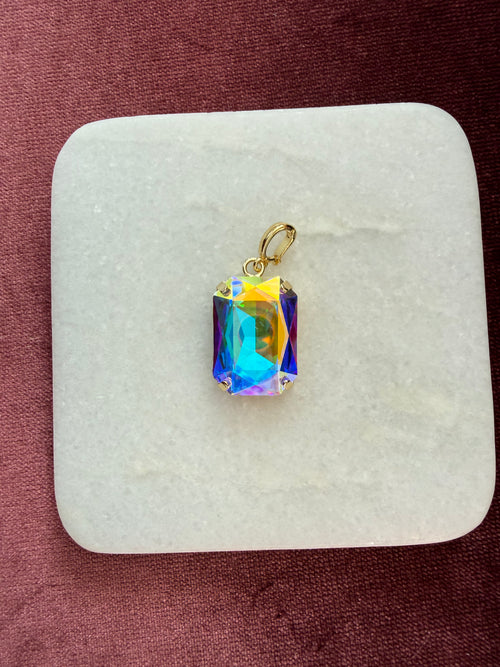 Carnival Prism Large Emerald-Cut Charm - Blue / green / gold / rainbow iridescent Austrian crystal charm pendant