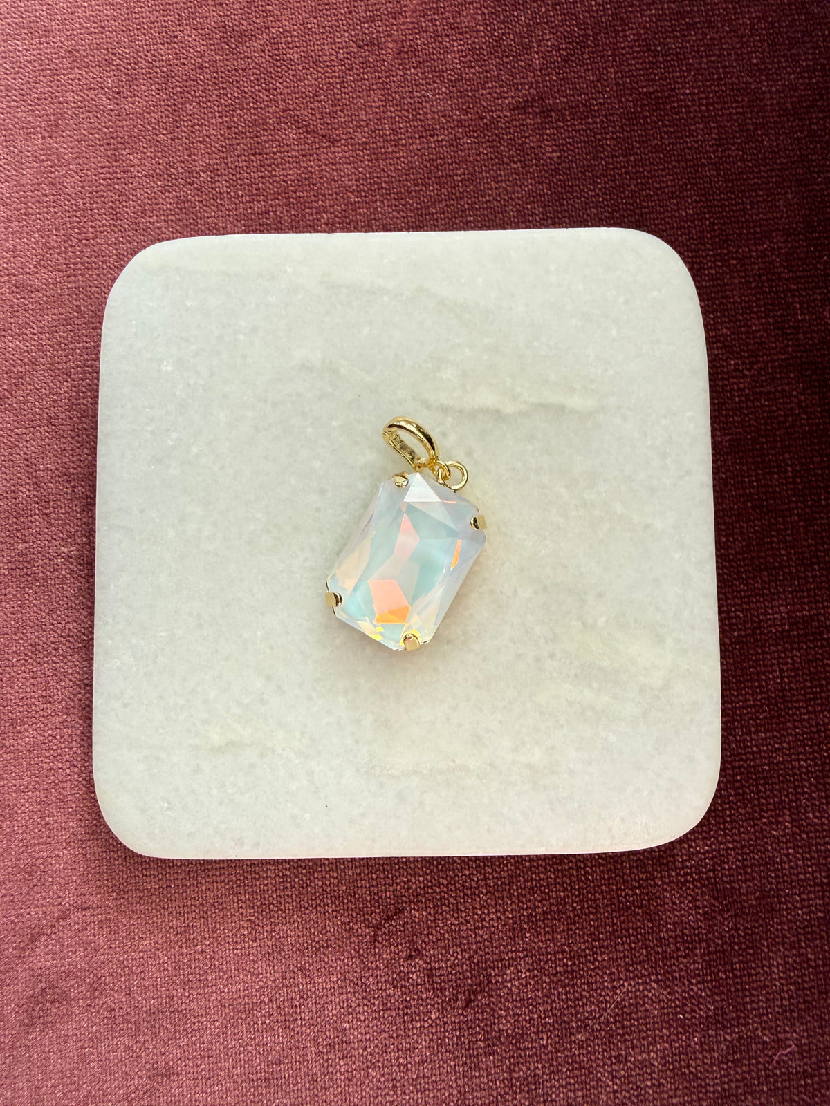 Moonstone Opal Large Emerald-Cut Charm - Milky white / iridescent Austrian crystal charm pendant