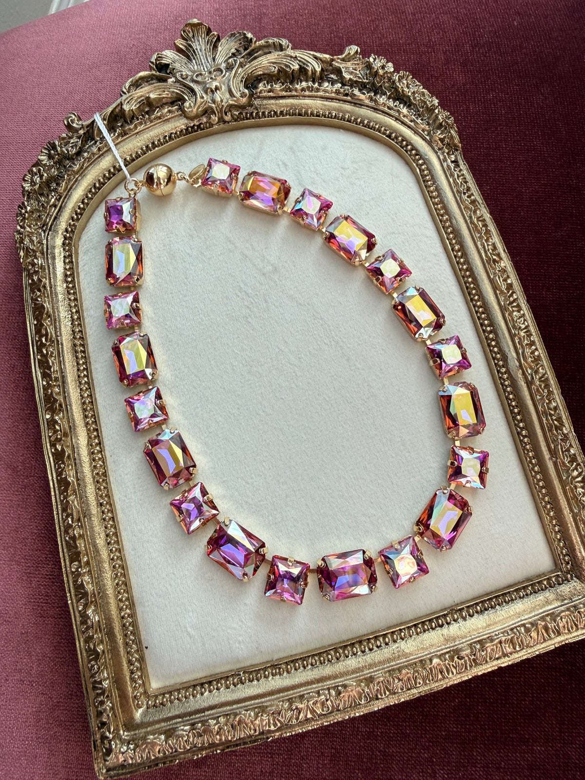 Pink Iridescent Emerald-Cut Austrian Crystal Necklace – 16 Inch