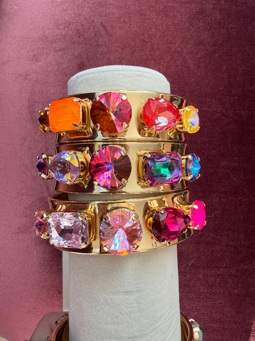 Gold-plated wide Austrian crystal cuff bracelets with oversized colorful stones