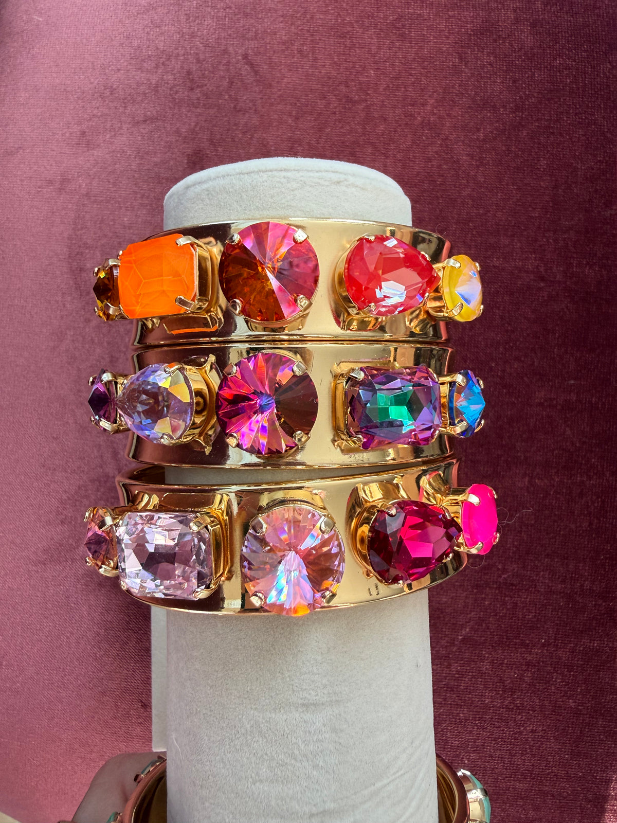 Gold-plated wide Austrian crystal cuff bracelets with oversized colorful stones