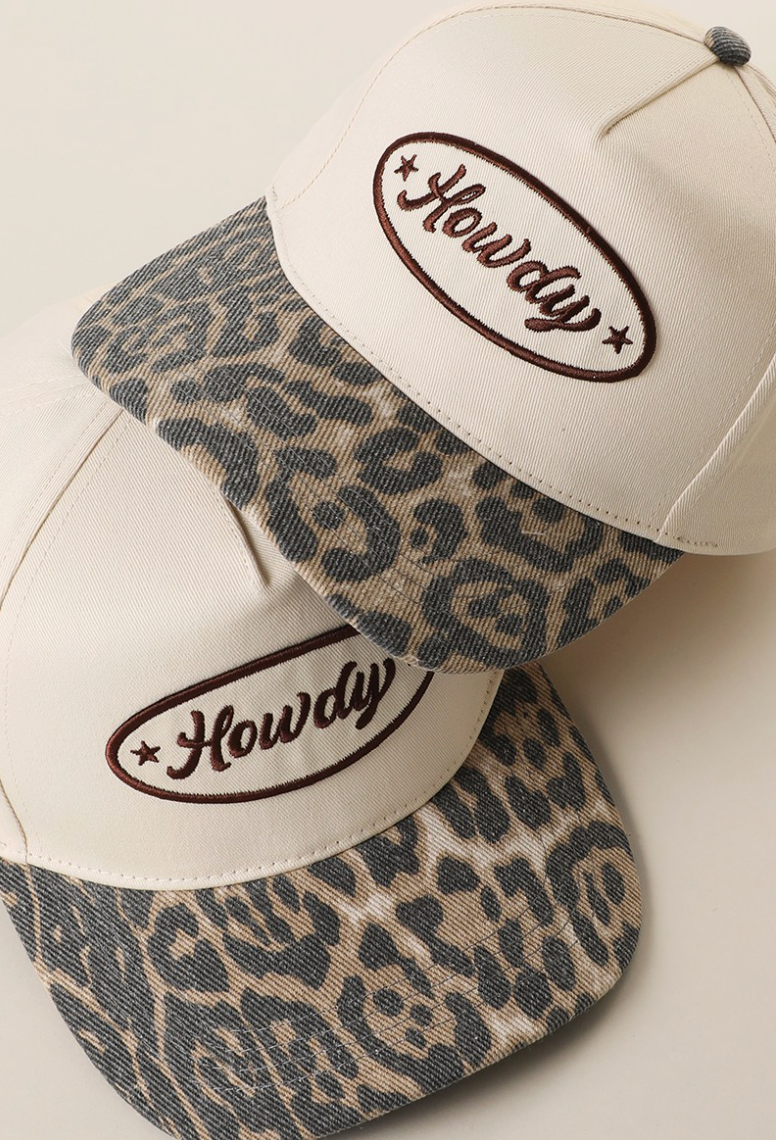 Howdy Embroidered Patch Leopard Brim Baseball Cap