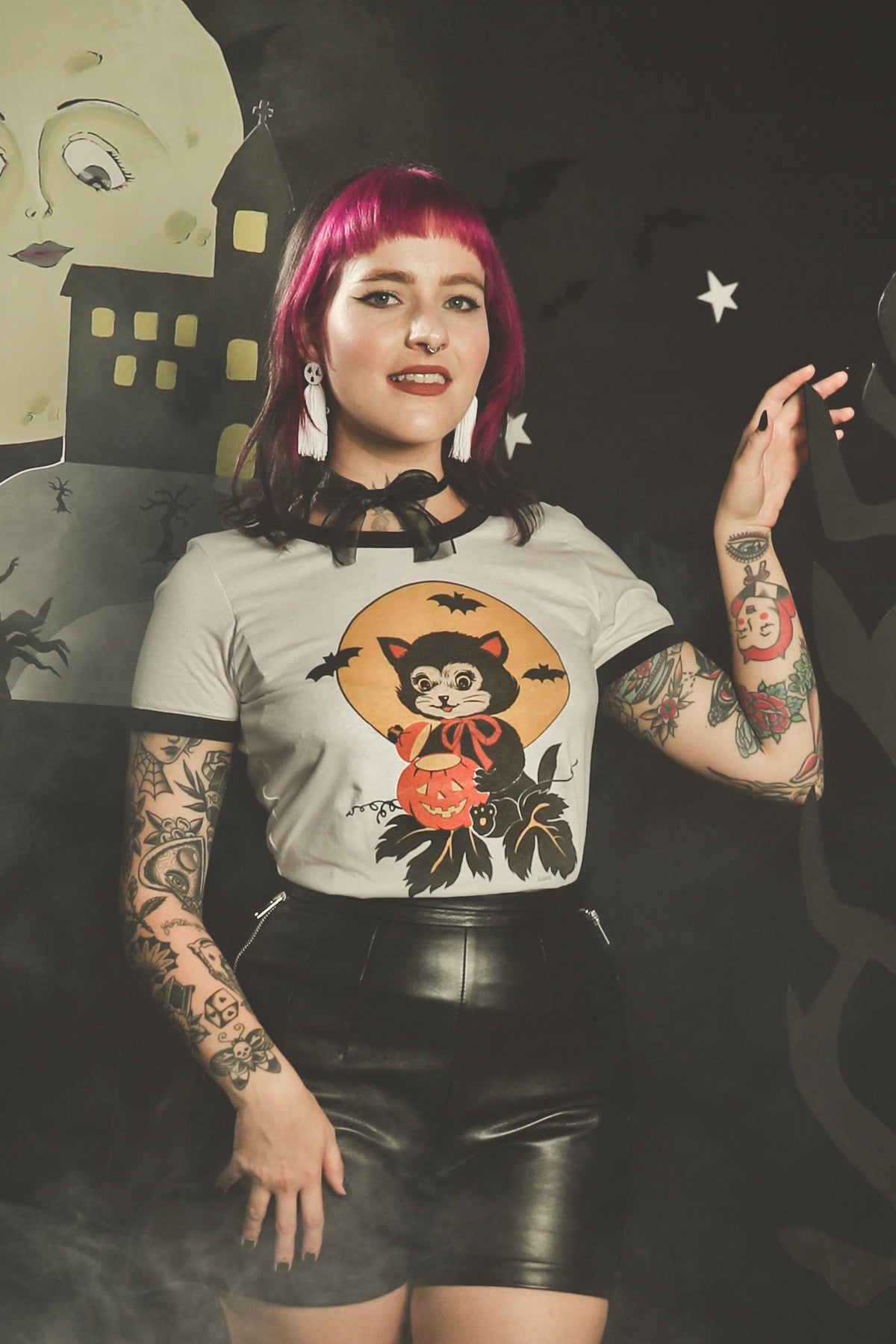 Black Cat Night Ringer Tee in White/Black