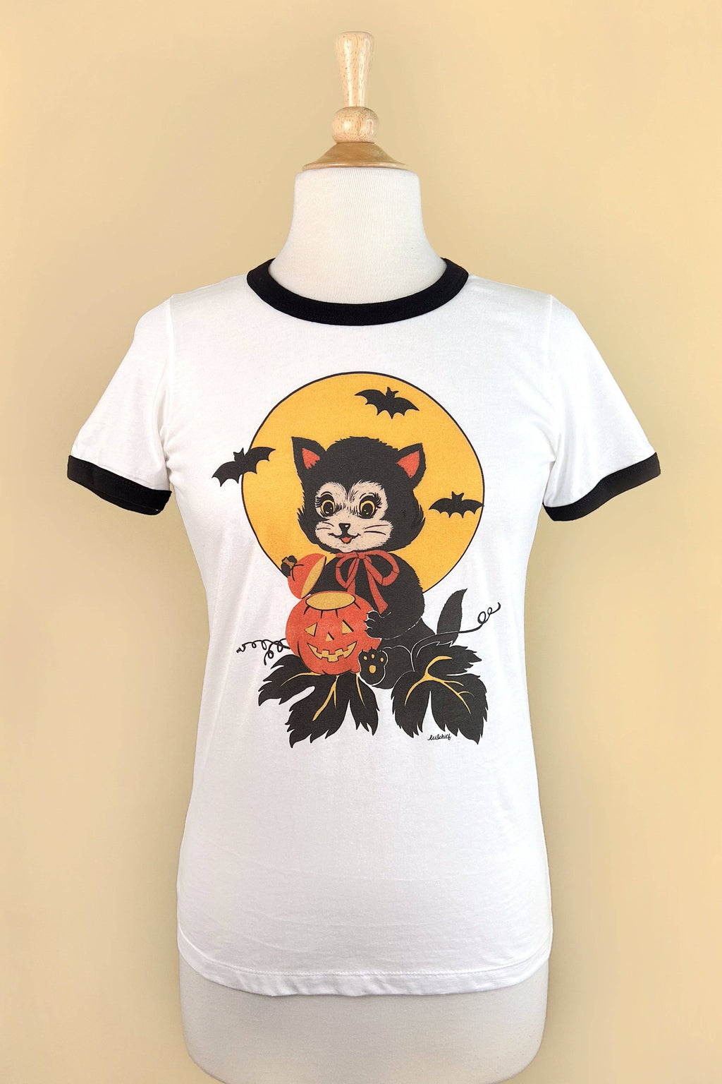 Black Cat Night Ringer Tee in White/Black