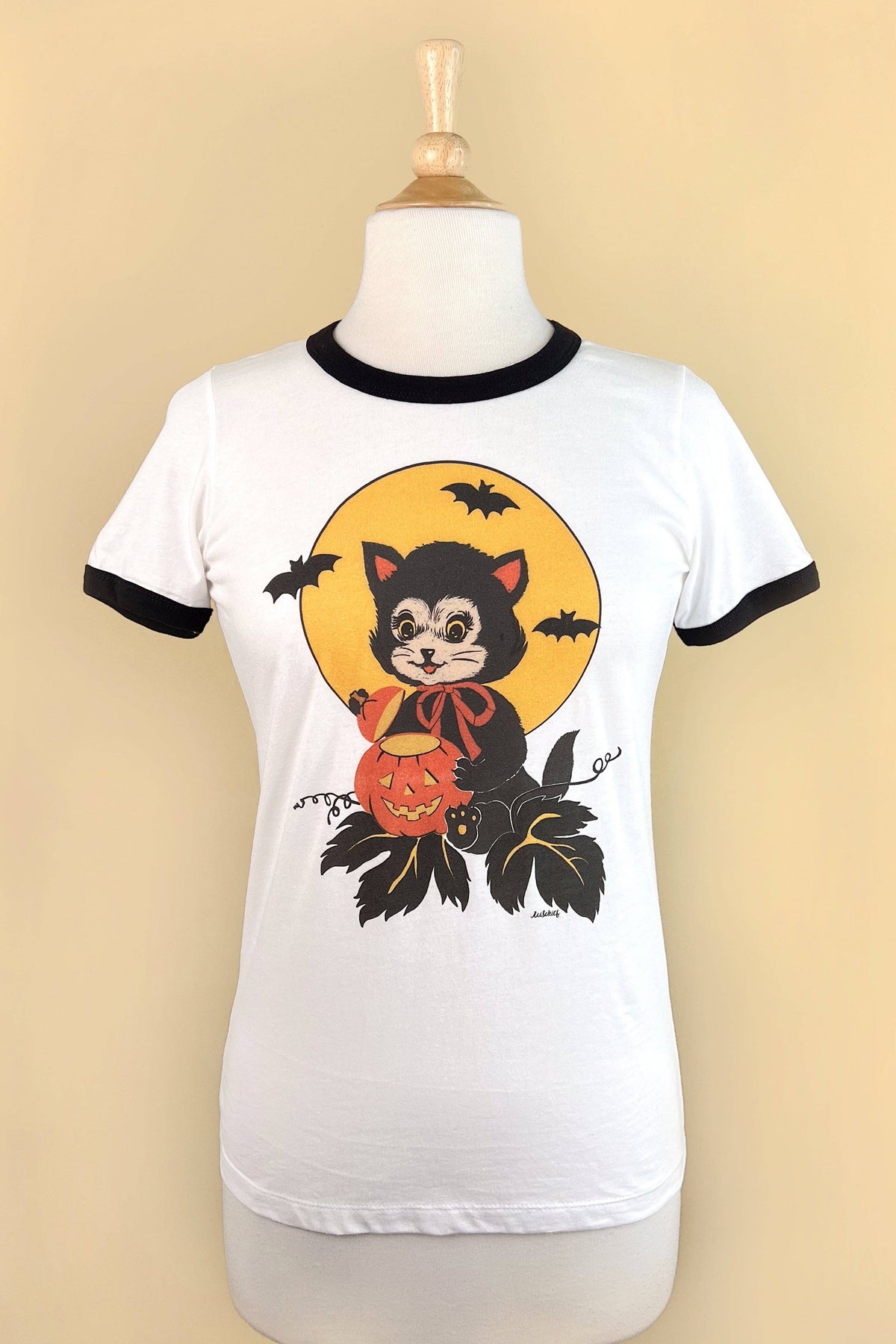 Black Cat Night Ringer Tee in White/Black