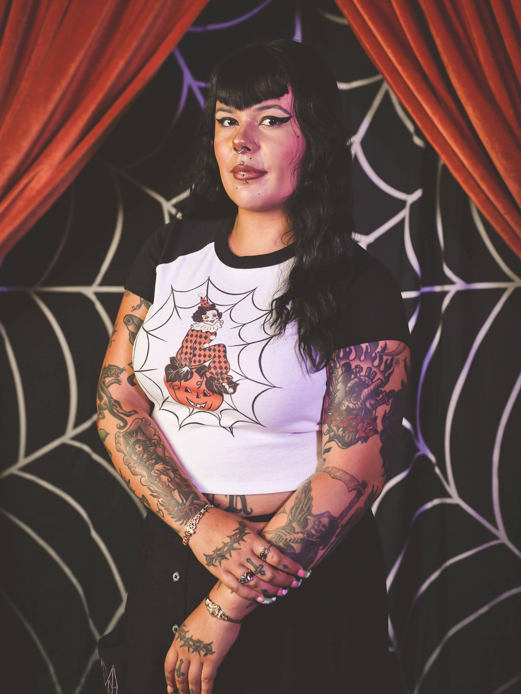 Clowning on Cobweb Short Raglan Cropped tee in White/Black